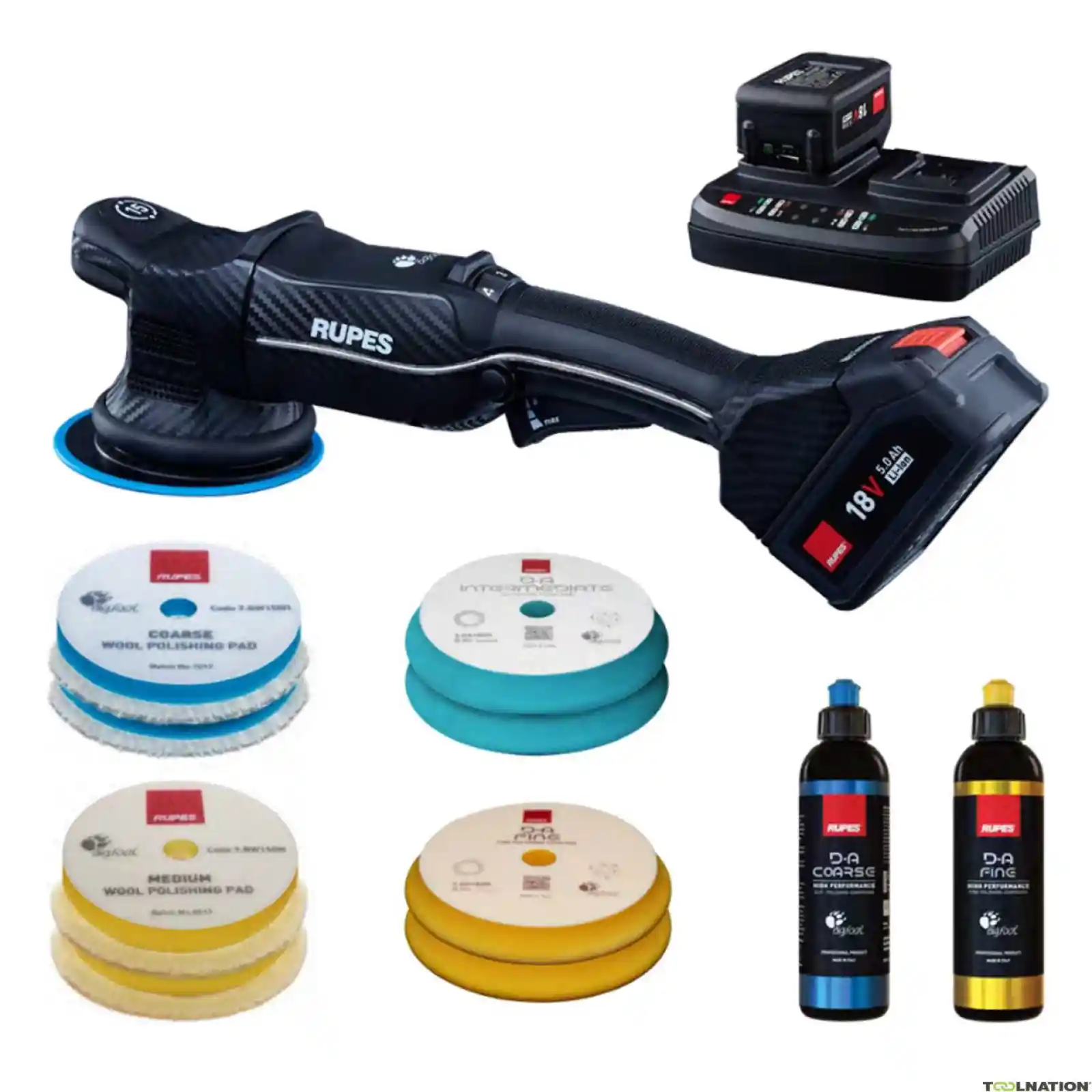 RUPES HLR15/CB2/BAS Kit lustreuse 15mm avec 2 batteries, 8 mousses + 2 liquides